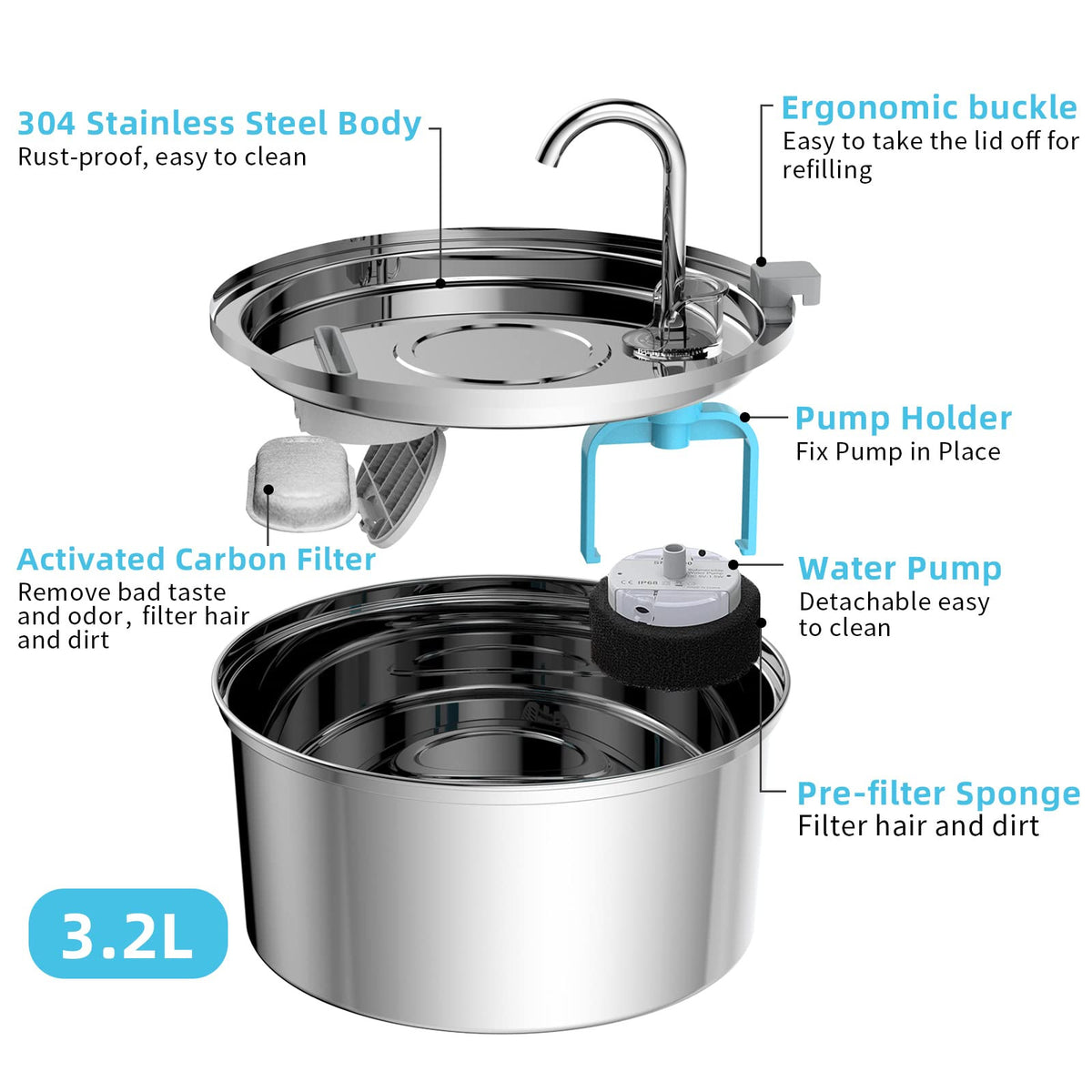 Stainless Steel Automatic Pet Water Fountain from Pawszozo for cat and dog owners