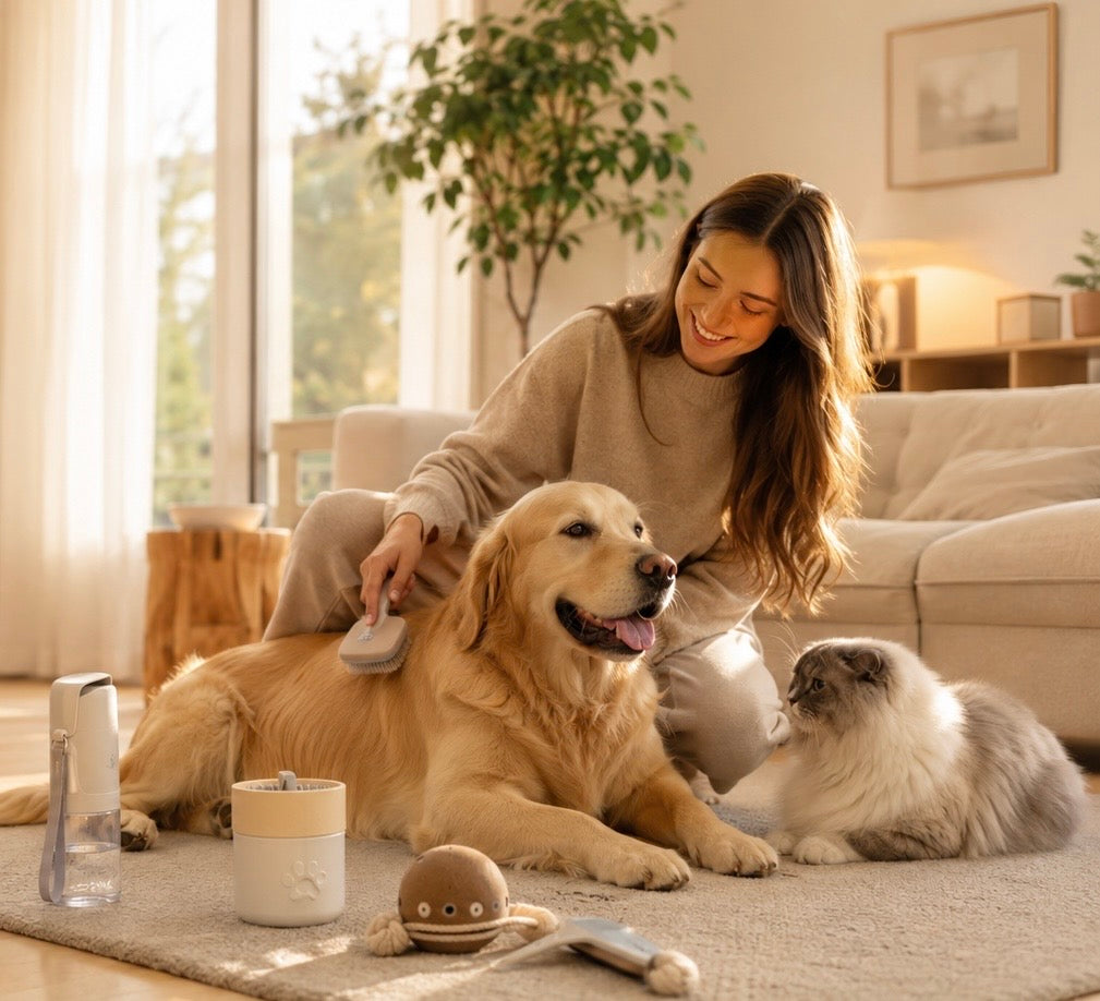 Golden retriever beside a Pawszozo product