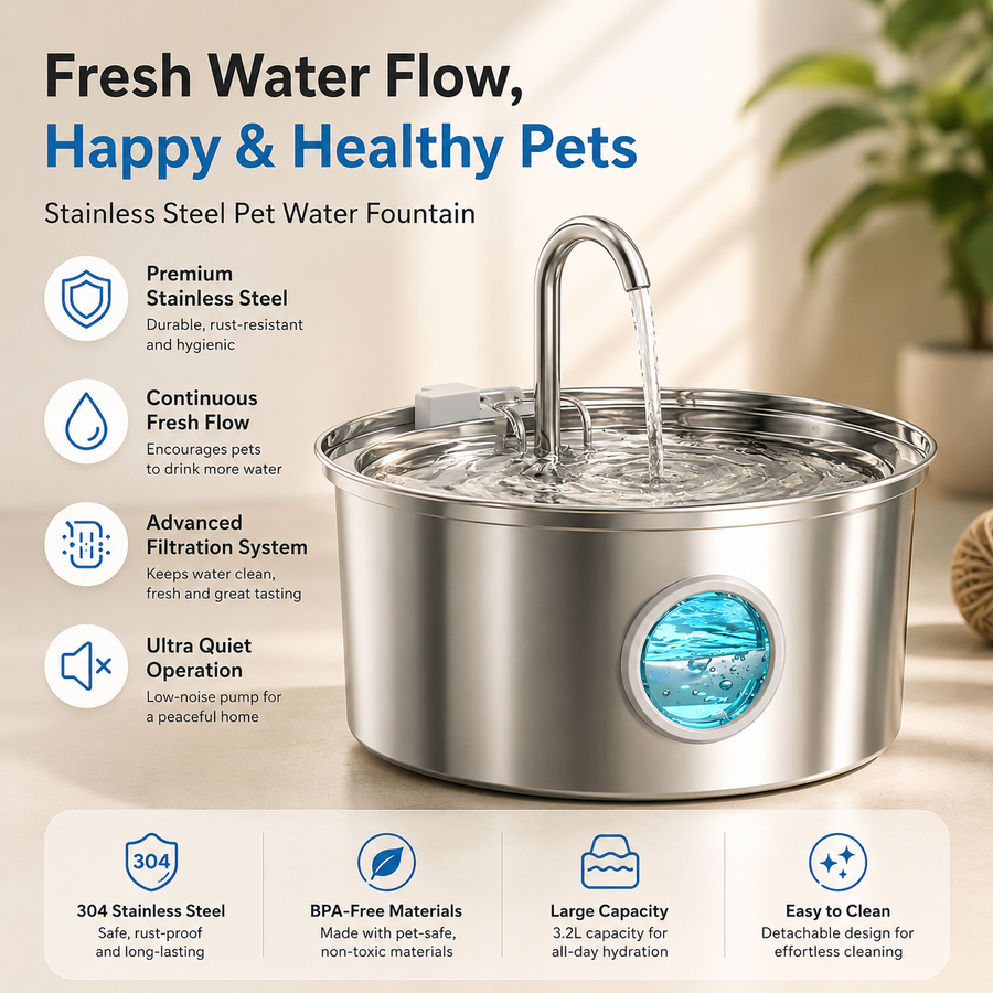 A stainless steel pet water fountain with a curved faucet and running water, shown on a warm beige background with marketing text and feature icons. The product is made of polished stainless steel with a circular blue-tinted water reservoir visible on the front.