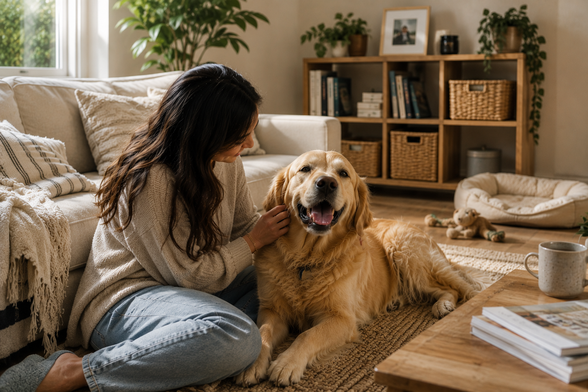 Golden retriever with a Pawszozo pet care product at home