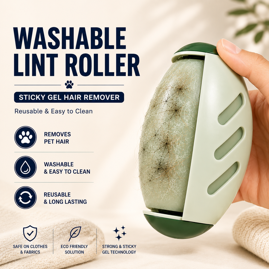 A hand holds a washable lint roller with a pale green and dark green body and a textured sticky gel surface. The image includes marketing text highlighting pet hair removal and washable, easy-to-clean features, with soft neutral background props.
