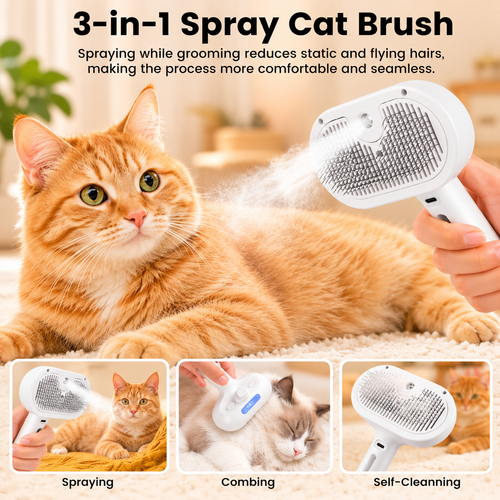 3 In 1 Cat Steam Brush, Pet Steam Brush For Cat Dog Long Short Haired, Pet Spray Hair Removal Comb For Small Animals Shedding & Grooming, Water Mist Spray Brushes With Release Button