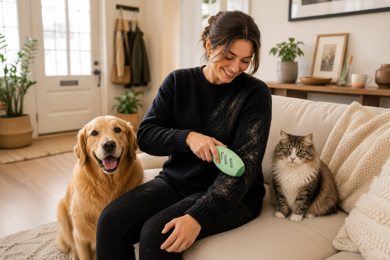 Woman cleaning a Golden Retriever’s muddy paw using the Pawszozo Paw Cleaner at the front door of a modern home.